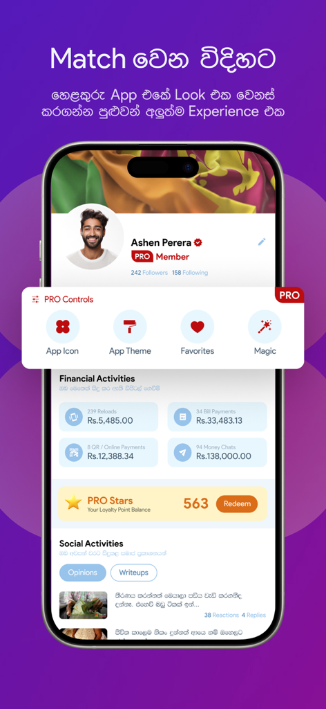 Helakuru Superapp - Sri Lanka - Helakuru Superapp PRO dashboard showing financial activities and customization options