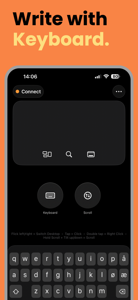PhoneMouse - Mouse Alternative - Smartphone screen showing the PhoneMouse remote keyboard and trackpad interface for Mac