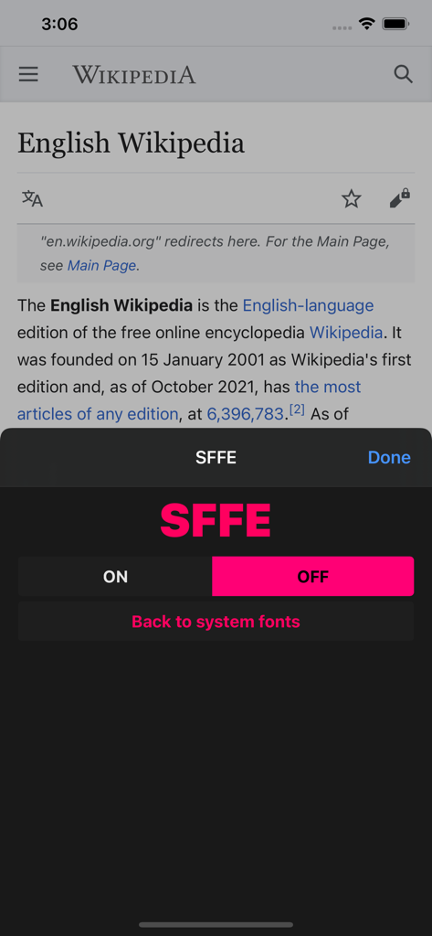 SFFE app interface overlay on a Safari web page with options to toggle custom fonts on and off
