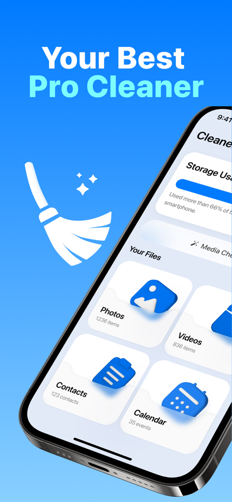Oxio - Cleaner App - iPhone screen displaying the Oxio cleaner app dashboard with photo video and contact management options
