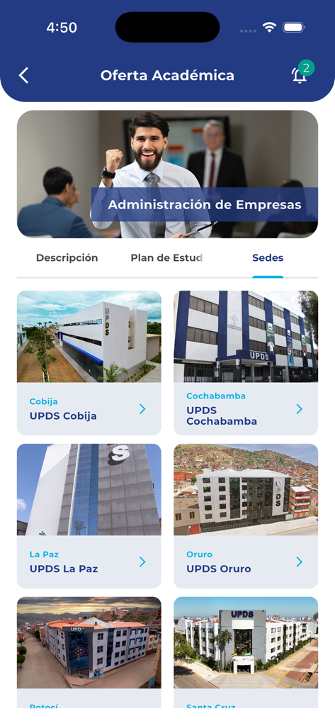 Interface of the UPDS app showing various university campus locations in Bolivia like La Paz and Cochabamba
