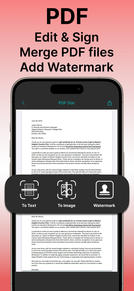 Edit Word Document with OffiX - OffiX mobile app interface showing PDF document editing, signing, and watermarking features