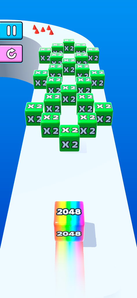 Jelly Run 2048: Number Games - Un cubo arcobaleno 2048 che si avvicina a diversi cubi verdi x2 su una pista in Jelly Run 2048.