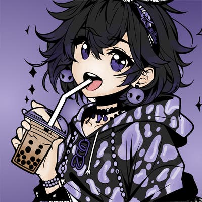 hot baddie anime girl drinking boba and biting the straw