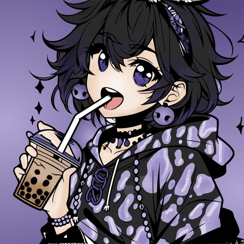hot baddie anime girl drinking boba and biting the straw