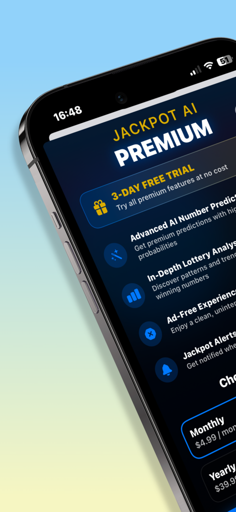 JackpotAI: Lottery Predictor - JackpotAI app premium screen showing advanced AI lottery predictions and subscription options