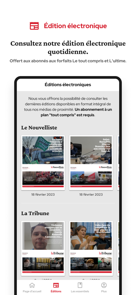 Le Nouvelliste - A mobile screen showing digital newspaper editions for Le Nouvelliste and La Tribune within the app.