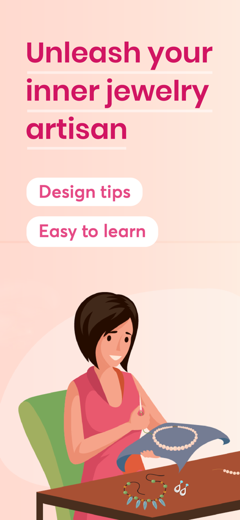Jewelry Design: DIY Maker App - Illustration of a woman crafting handmade jewelry with text promoting design tips and easy learning