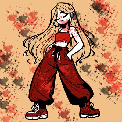 girl in baggy pants crop top and long hair