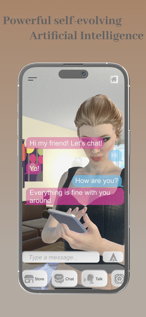 My AI Friend - Virtual Chatbot - A chat interface showing a conversation with a 3D female AI companion.
