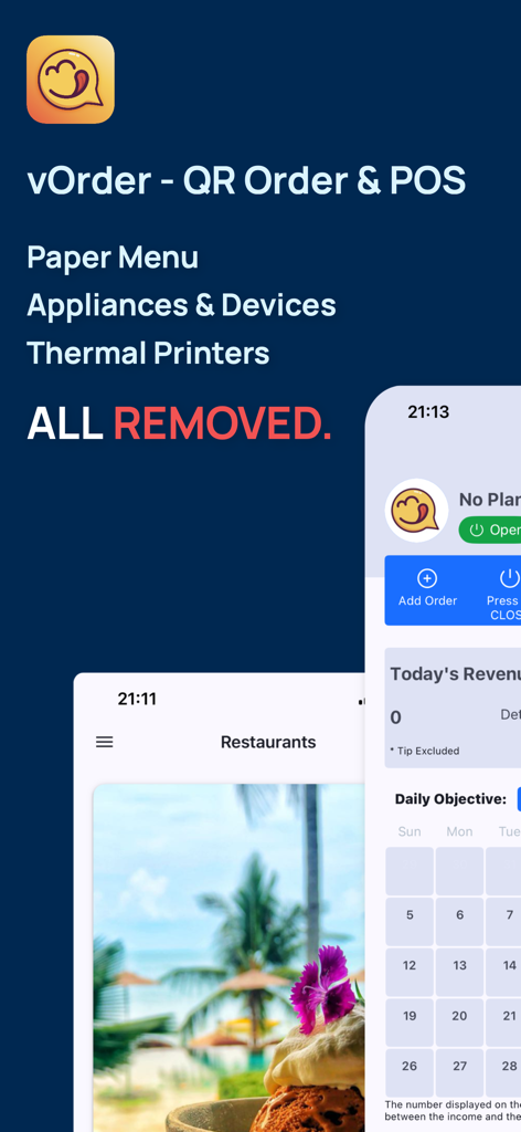 Promotional image for vOrder app highlighting digital menus and restaurant POS dashboard