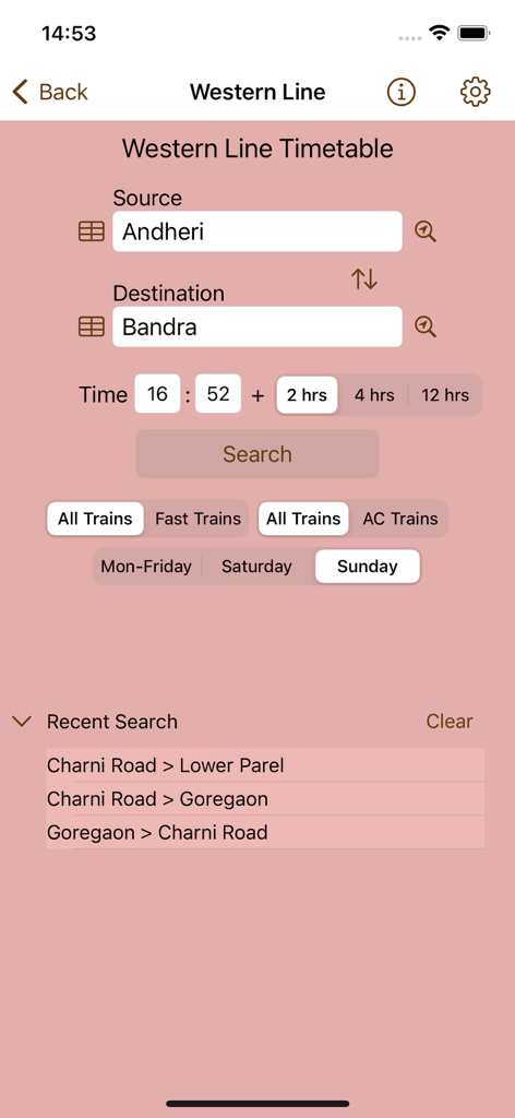 Mumbai Local Train Timetable - Western Line timetable search screen for Mumbai local trains with source and destination input