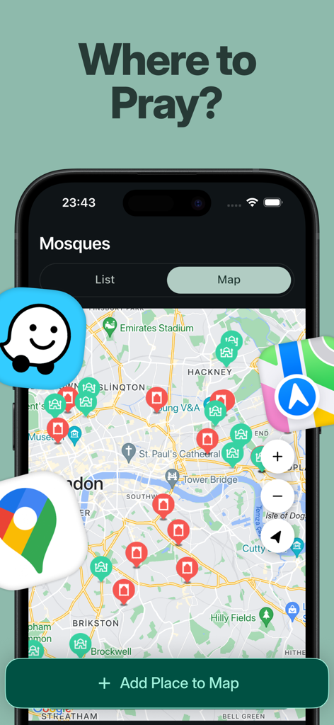 Beyt: Quran and Prayer Times - Beyt app map interface showing nearby mosques and prayer rooms