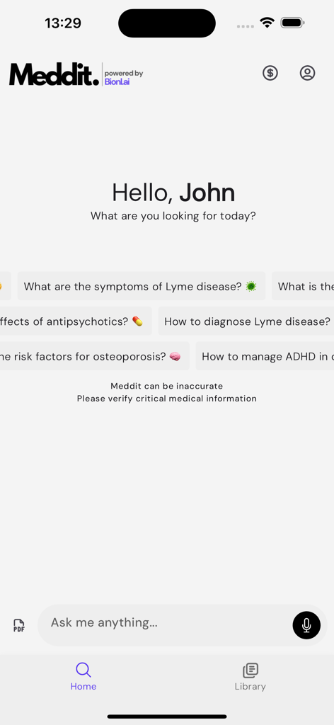 The home screen of the Meddit app showing a personalized greeting for a medical professional and an AI search bar for clinical questions.