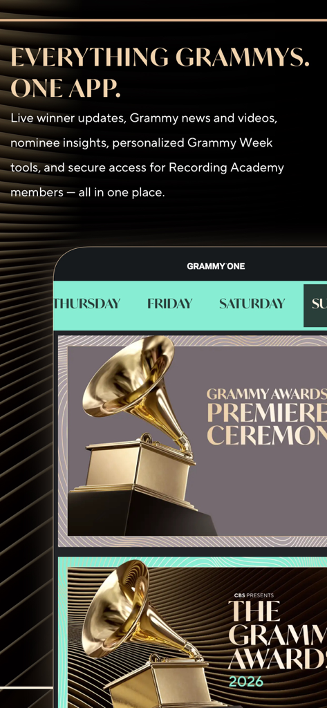 Grammy One - Interfaccia dell'app Grammy One che mostra il programma della cerimonia dei Grammy Awards e le funzionalità di notizie