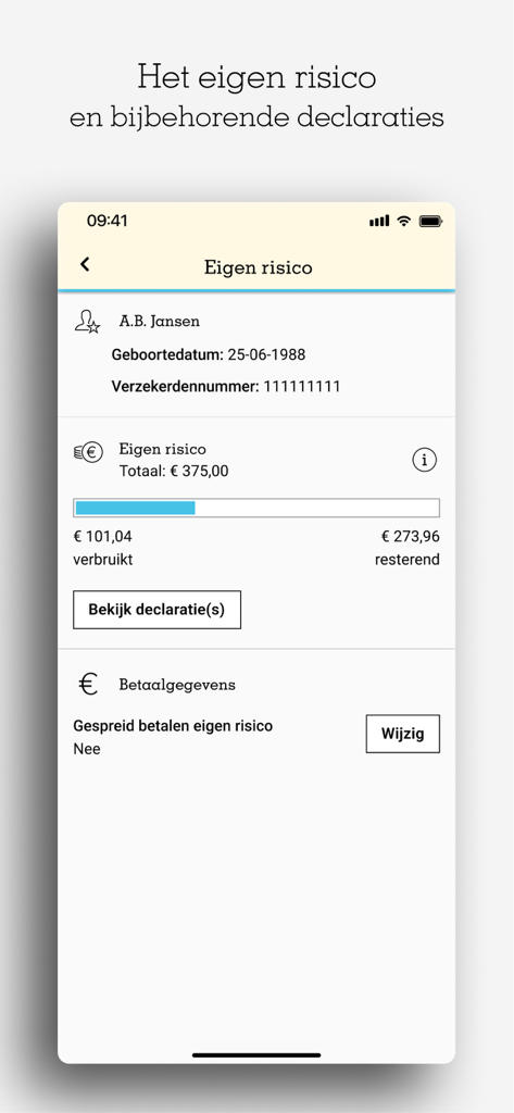 Pantalla móvil que muestra el estado del deducible del seguro de salud con una barra de progreso y detalles de pago en la app Zorg
