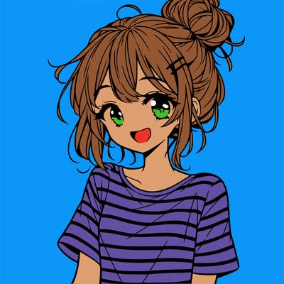 anime girl teenager striped shirt and smile and messy bun