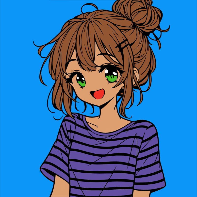 anime girl teenager striped shirt and smile and messy bun