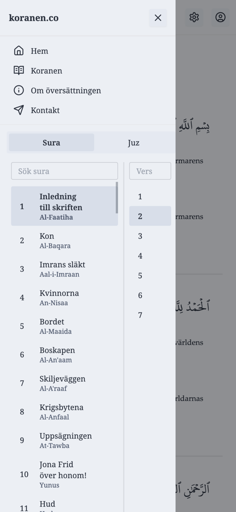 Koranen på svenska zamzam - Menú de navegación e interfaz de selección de suras para la aplicación móvil Koranen pa svenska zamzam.