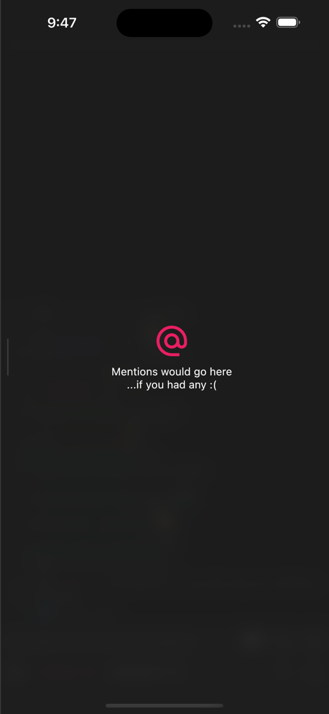 Chatsen - An empty mentions screen in the Chatsen app with a pink at symbol and a humorous message stating that mentions would appear there.