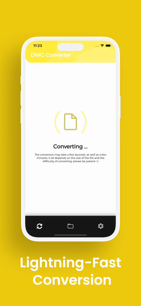 DWG Converter app interface showing lightning fast file conversion screen on iPhone