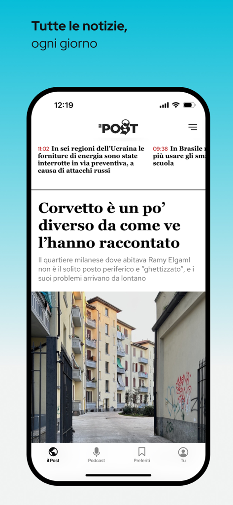 Il Post App - Il Post App Startbildschirm mit italienischen Nachrichten-Schlagzeilen und Navigationsleiste