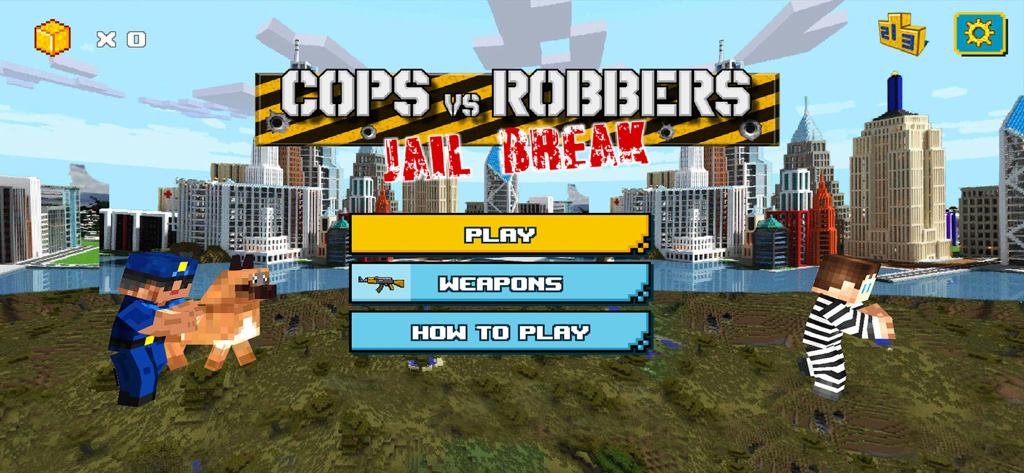 Cops Vs Robbers: Jailbreak - Cops Vs Robbers Jailbreak のメインメニュー。3Dブロックスタイルの警察官と泥棒のキャラクターが都市のスカイラインを背景に表示されている
