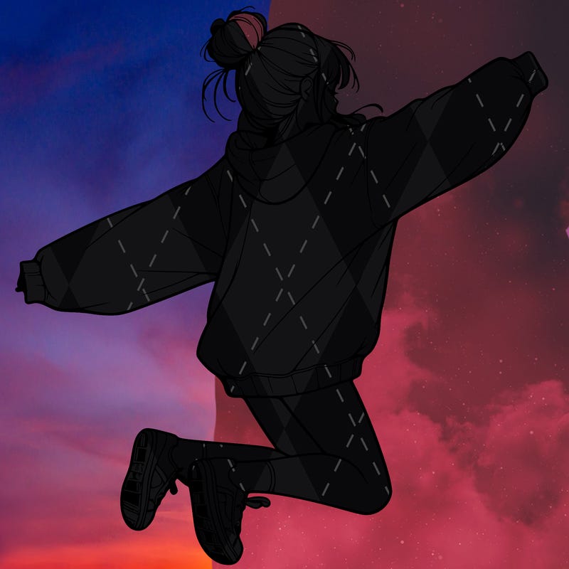 realistic girl jumping with a bun and oversized sweatshirt