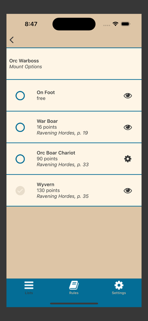 Army list builder screen showing mount options for an Orc Warboss with associated point costs and rulebook references.