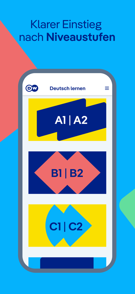 Pantalla de smartphone mostrando la aplicación DW Learn German con niveles de competencia lingüística de A1 a C2