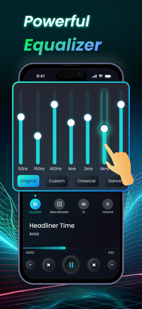 Bass Booster & Equalizer Music - Una interfaz móvil que muestra un ecualizador de audio con controles deslizantes de frecuencia ajustables