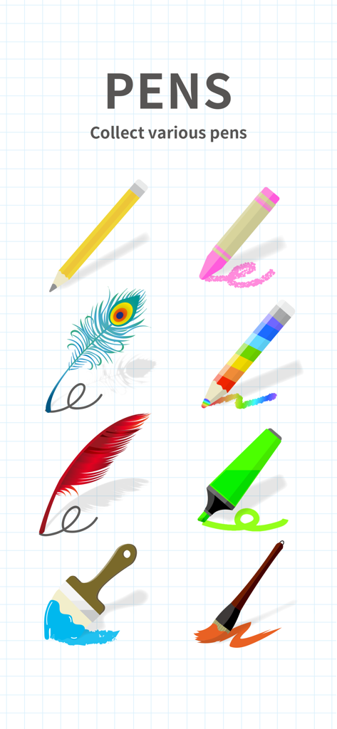 A menu screen in Brain Dots showing various unlockable drawing tools like pencils feathers and brushes