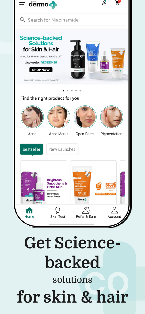 The Derma Co - The Derma Co app home screen featuring science-backed skincare solutions and skin concern categories like acne and pigmentation.