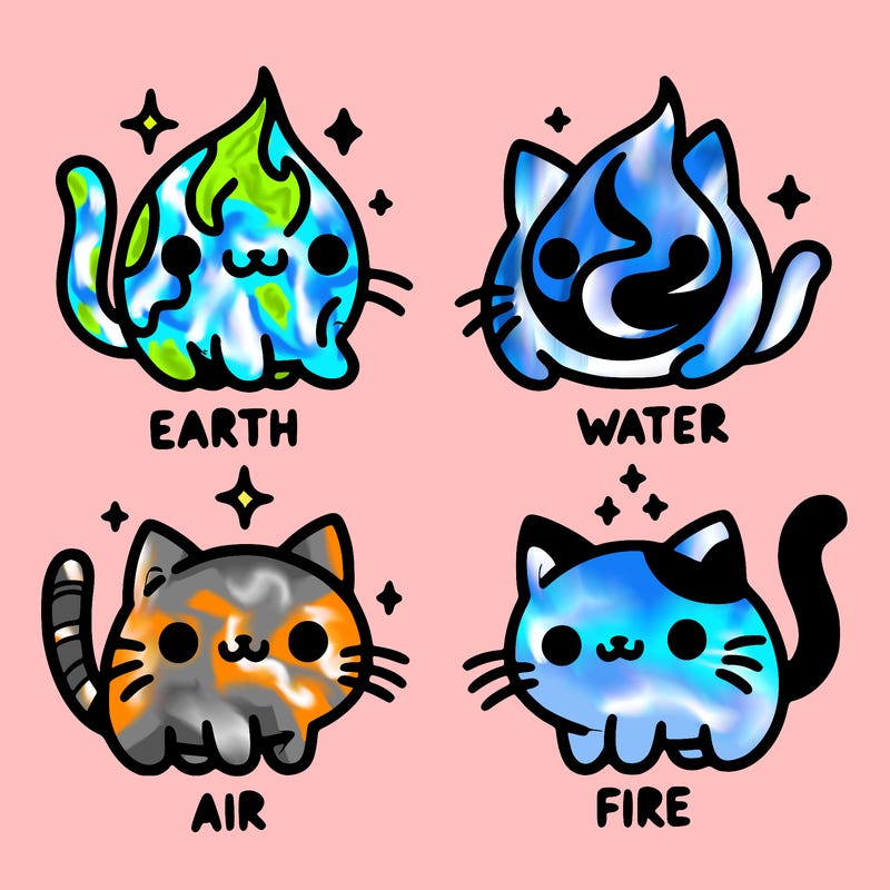 4 cats that represent the different elements, earth, water, air, and fire