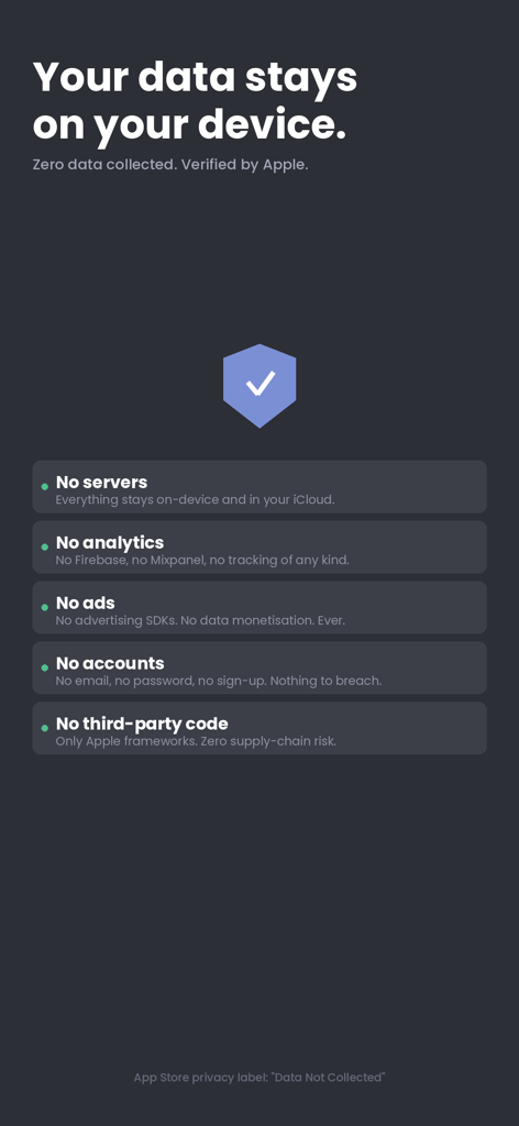 AllowanceKit - AllowanceKit app interface showing privacy highlights including no servers, no ads, and no data collection.