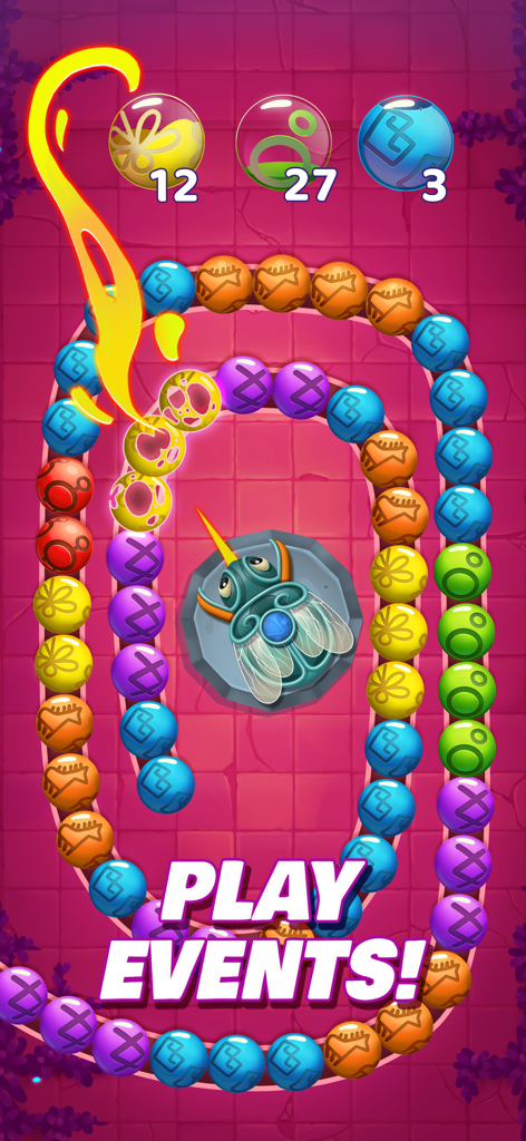 Jugabilidad de Viola's Quest de explosión de canicas con un anuncio de 'Jugar Eventos'