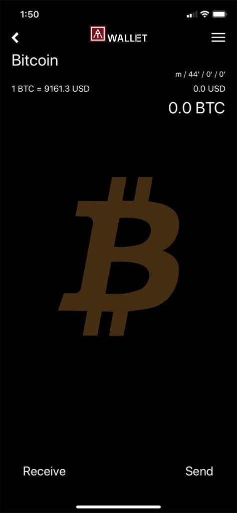 AT.Wallet - Tela do aplicativo AT.Wallet mostrando o saldo de Bitcoin com opções de recebimento e envio.