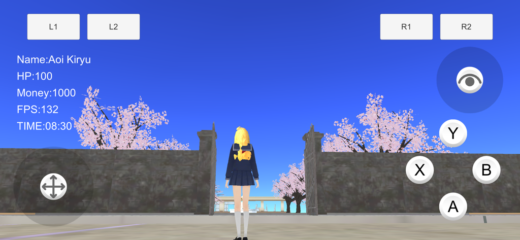 Women's School Simulator Next - An anime character in a school uniform standing at the entrance of a Japanese school with cherry blossoms under a blue sky.