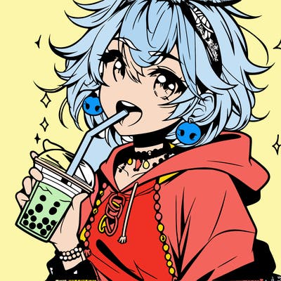 hot baddie anime girl drinking boba and biting the straw