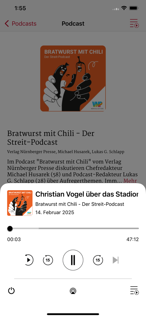 Podcast-Player-Oberfläche in der Nürnberger Nachrichten E-Paper-App mit einem Podcast namens Bratwurst mit Chili