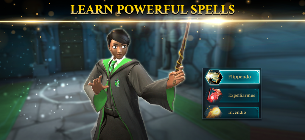 Harry Potter: Hogwarts Mystery - ハリー・ポッター：ホグワーツの謎で、スリザリンのローブを着た生徒がエクスペリアームスのような魔法の呪文を学んでいる様子