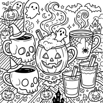 Embrace the spooky season with this delightfully eerie coloring page featuring Halloween-themed coffee and tea beverages. Discover skull mugs, jack-o'-lantern lattes, and friendly ghosts ready for your creative touch.