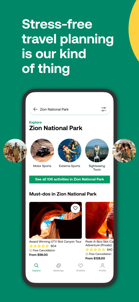 Der Viator App-Bildschirm für den Zion Nationalpark mit Abenteuertouren, Motorsport und Besichtigungsaktivitäten mit Bewertungen und Preisen.
