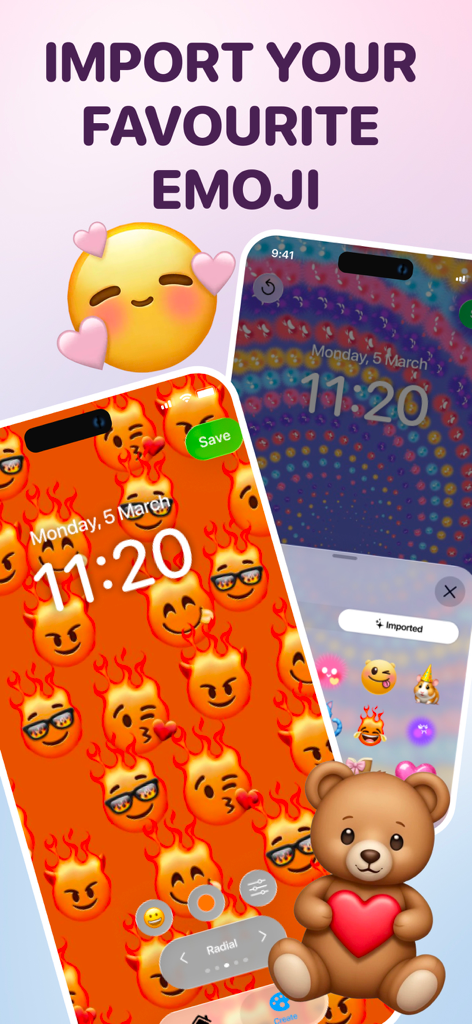 Widget & Wallpaper: Widgetmoji - iPhone 홈 화면 개인화를 위한 맞춤 이모지 배경화면 및 좋아하는 이모지를 가져오는 인터페이스를 보여주는 Widgetmoji 앱 스크린샷