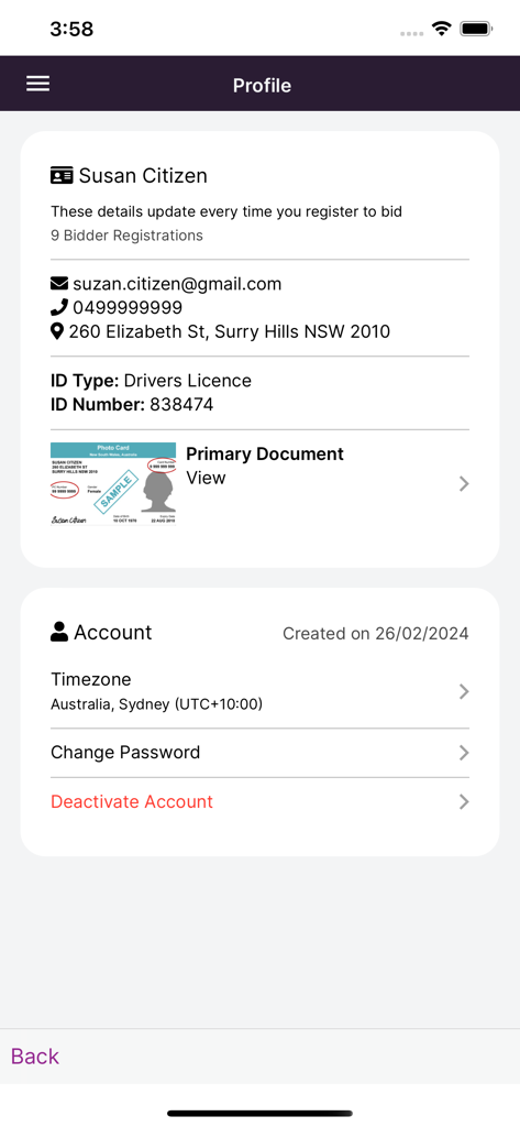 Bid Buy app profile screen showing user registration info and ID verification