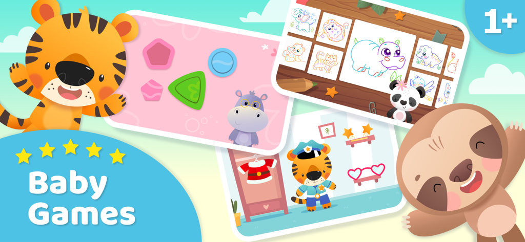 Baby Games for Kids - Babymals - Banner promocional de la aplicación Babymals con lindos animales de dibujos animados y pantallas de juegos educativos para niños pequeños