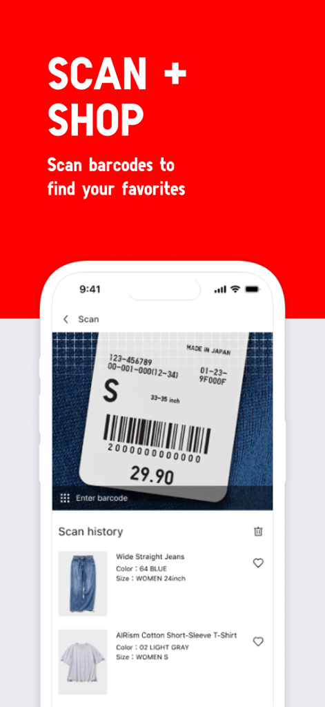 UNIQLO app barcode scanner feature showing a tag being scanned and a scan history list