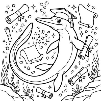 Get ready to celebrate a truly unique achievement with this captivating Cymbospondylus Graduation Day coloring page. Imagine an ancient marine reptile donning a graduation cap and holding a diploma, surrounded by festive scrolls and confetti.