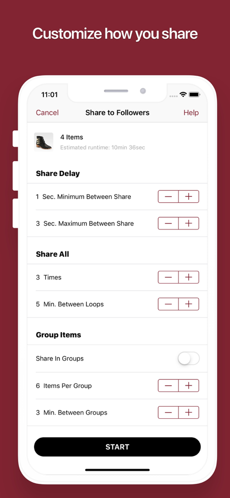 ClosetMate app interface showing customizable share to followers settings for Poshmark sellers