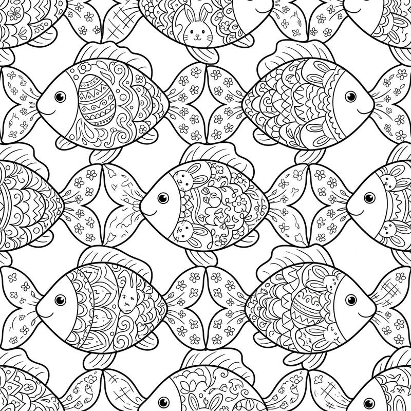 Celebrate Easter with this delightful fish tessellation coloring page, showcasing a seamless pattern of smiling fish adorned with festive designs. Discover intricate patterns of bunnies, eggs, and spring flowers, perfect for a cheerful coloring experience.